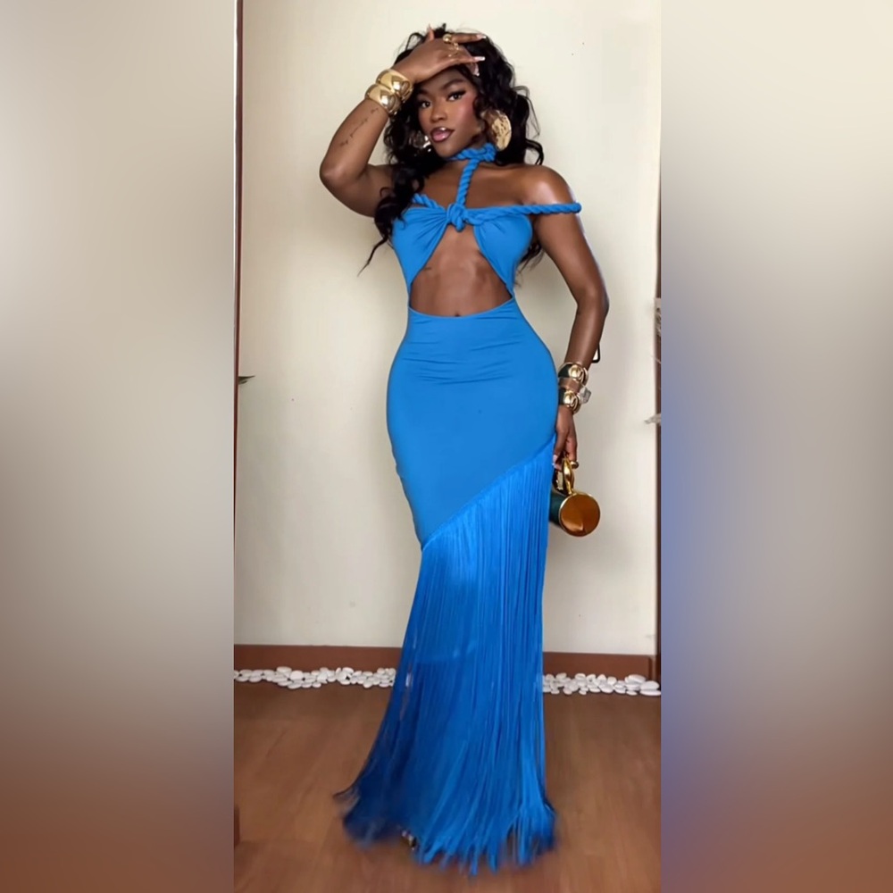 Elegant Strapless Blue Fringe Gown